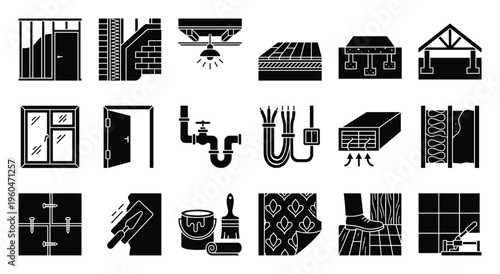 Comprehensive collection of construction and home renovation black glyph icons for building, repair, and interior design projects, useful for architectural plans and DIY guides.