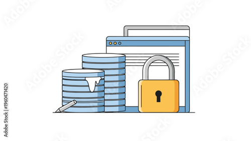 Digital Data Security Concept with Padlock, Information Storage Stacks, and Web Browser Window
