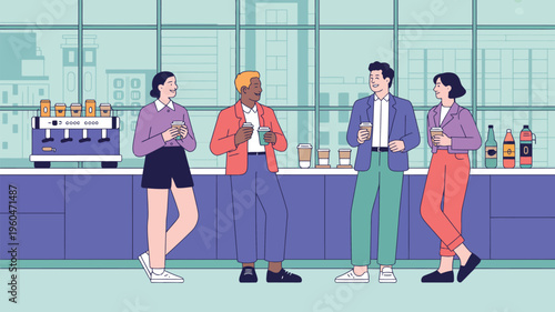 Young people socializing at bar counter drinking beverages and chatting in modern cafe interior lifestyle scene