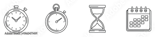 Outline vector icons of time related concepts featuring a clock, stopwatch, hourglass, and calendar for planning, deadline reminders, schedule management, and task organization projects.