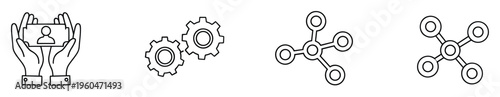 Set of essential linear icons representing identity management, mechanical functionality, and intricate connections for modern digital applications and services