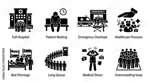 Healthcare System Challenges Vector Icon Set – Critical Vectors Featuring Hospital Overcrowding, Patient Waiting, Emergency Overload, Bed Shortages, Medical Stress, and Capacity Issues