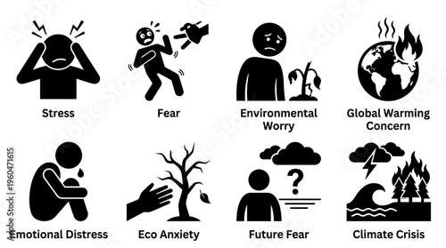 Eco‑Anxiety & Climate Emotion Vector Icon Set – Expressive Vectors Featuring Stress, Fear, Emotional Distress, Global Warming Concerns, Future Uncertainty, and Climate Crisis Symbols