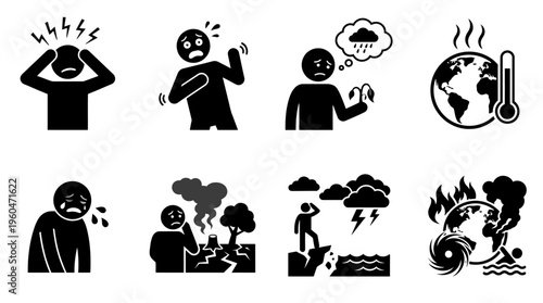 Eco‑Anxiety & Climate Emotion Vector Icon Set – Expressive Vectors Featuring Stress, Fear, Emotional Distress, Global Warming Concerns, Future Uncertainty, and Climate Crisis Symbols