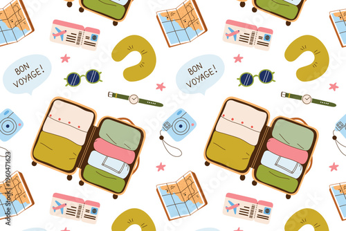 Bon voyage seamless pattern with open suitcase and clothes, map, plane ticket, travel pillow, camera and lettering in cloud. Cute vintage packing and trip preparation vector illustration