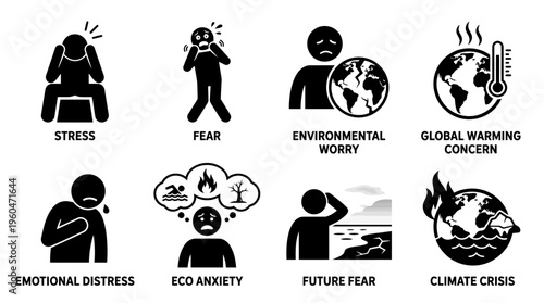 Eco‑Anxiety & Climate Emotion Vector Icon Set – Expressive Vectors Featuring Stress, Fear, Emotional Distress, Global Warming Concerns, Future Uncertainty, and Climate Crisis Symbols