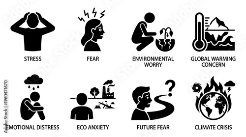 Eco‑Anxiety & Climate Emotion Vector Icon Set – Expressive Vectors Featuring Stress, Fear, Emotional Distress, Global Warming Concerns, Future Uncertainty, and Climate Crisis Symbols