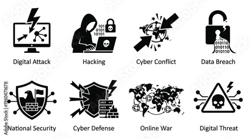 Cybersecurity & Digital Warfare Vector Icon Set – Powerful Vectors Featuring Digital Attacks, Hacking, Cyber Conflicts, Data Breaches, National Security, Online Wars, and Digital Threats