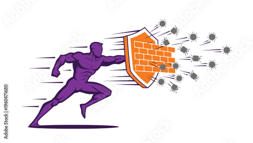 Dynamic Defender with Brick Wall Shield Repelling Threats - Security & Protection Concept