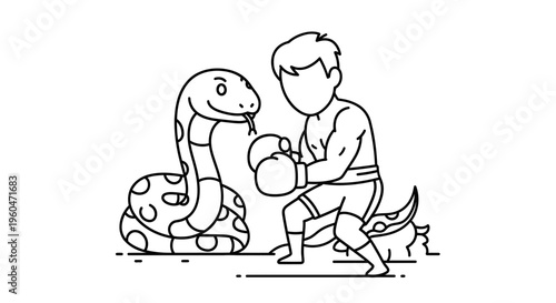 Stylized depiction of a man in boxing gloves confronting a large spotted snake cartoon illustration