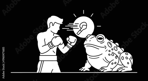 A determined boxer facing off against a challenging large toad with a clever solution approaching