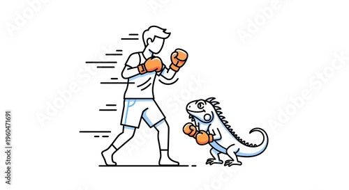 Whimsical boxing confrontation between a human pugilist and a determined reptilian challenger in