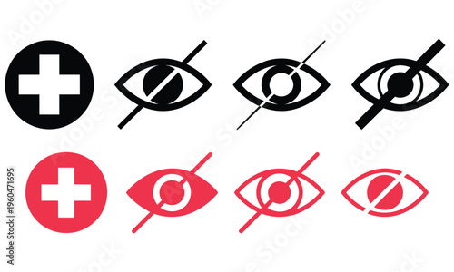 Eye care medical icons with visibility and blindness symbols in black and red color vector set