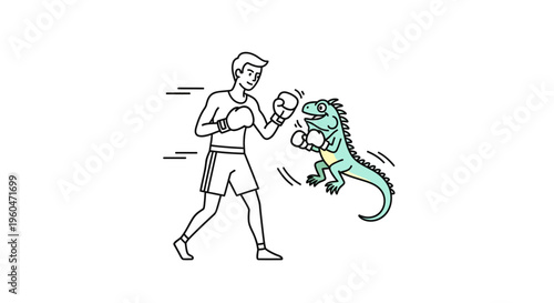 Dynamic Illustrative Showdown Between an Athletic Boxer and a Spirited Green Lizard Combatant