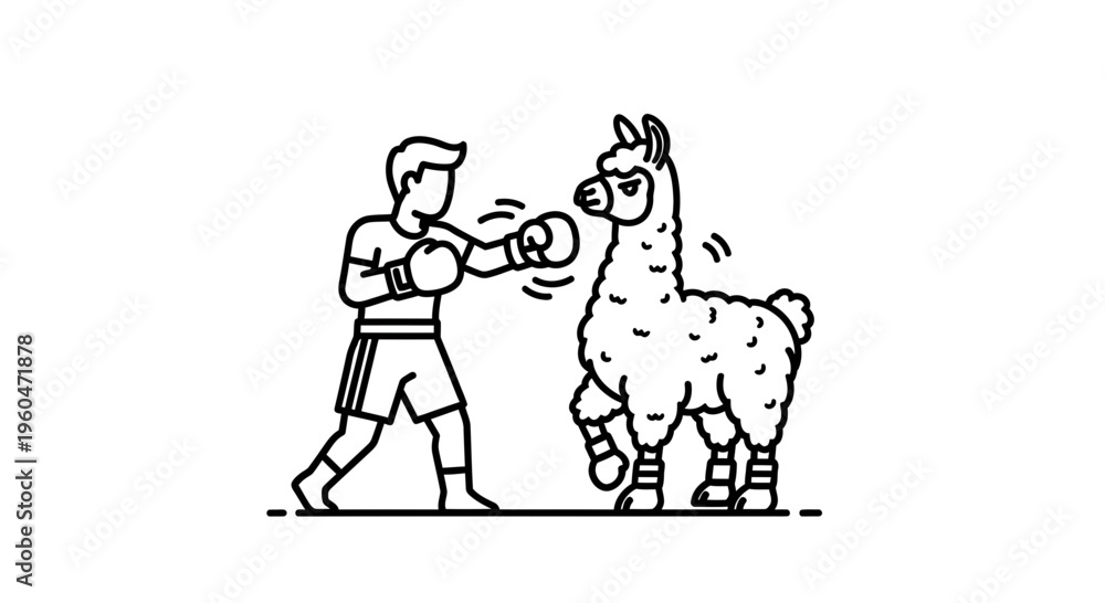 Fototapeta premium Engaging outline graphic depicting a person in boxing gear confronting a fluffy llama in a