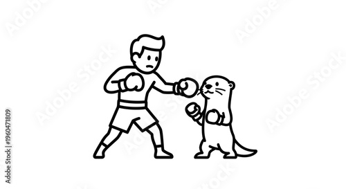 A whimsical line art illustration of a human boxer sparring against a surprisingly capable otter