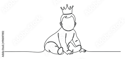 Charming minimalist continuous line drawing of a sitting infant with a regal crown, perfect for baby product advertisements, greeting cards, or birth announcements.