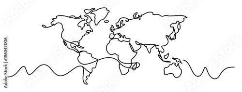 Modern continuous line drawing of earth continents illustrating globalization and travel themes perfect for corporate branding and editorial use