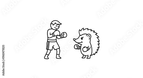 Whimsical boxing match between a determined human fighter and a spirited hedgehog pugilist