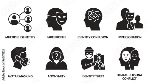 Digital Identity & Online Persona Vector Icon Set – Insightful Vectors Featuring Fake Profiles, Impersonation, Anonymity, Identity Theft, Multiple Identities, and Persona Conflicts