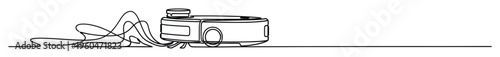 Continuous line drawing of a modern robotic vacuum cleaner with a dynamic flowing line, ideal for technology presentations and smart home appliance advertising campaigns