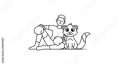 Relaxed Boxer and Adorable Companion Taking a Break After Training Session Minimalist Line Art