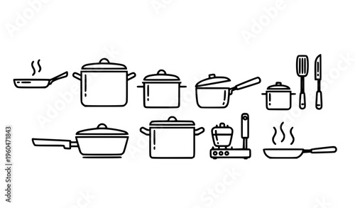 Modern bold kitchen cookware icons with pans pots and saucepans outline symbols for cooking vector set