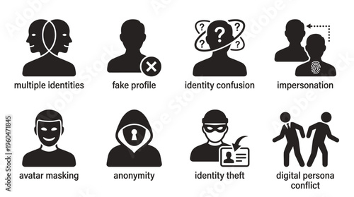Digital Identity & Online Persona Vector Icon Set – Insightful Vectors Featuring Fake Profiles, Impersonation, Anonymity, Identity Theft, Multiple Identities, and Persona Conflicts