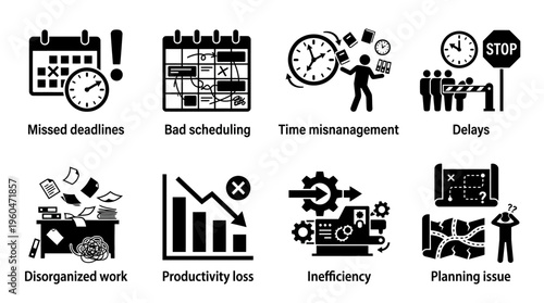 Time Management & Workplace Productivity Challenges Vector Icon Set – Insightful Vectors Featuring Missed Deadlines, Bad Scheduling, Delays, Disorganized Work, Inefficiency, and Planning Issues