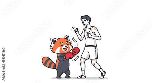 Playful sparring session between a cheerful red panda boxer and a fit young man training together