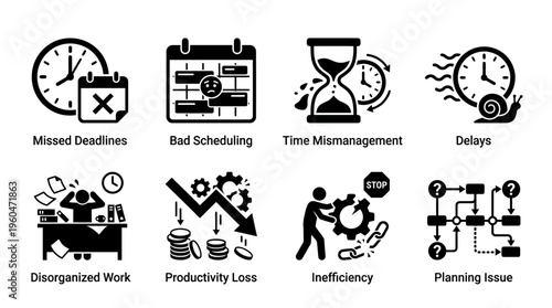 Time Management & Workplace Productivity Challenges Vector Icon Set – Insightful Vectors Featuring Missed Deadlines, Bad Scheduling, Delays, Disorganized Work, Inefficiency, and Planning Issues