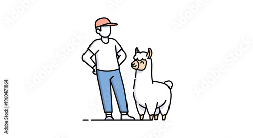 Minimalistic illustration of a person enjoying a friendly companionship with an adorable alpaca