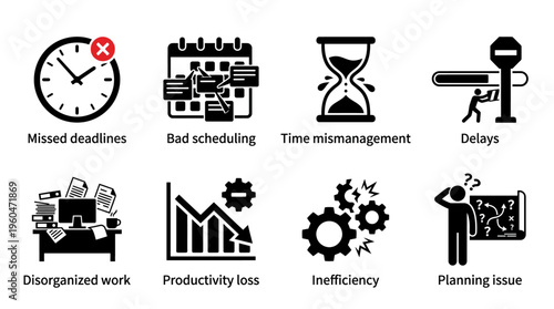 Time Management & Workplace Productivity Challenges Vector Icon Set – Insightful Vectors Featuring Missed Deadlines, Bad Scheduling, Delays, Disorganized Work, Inefficiency, and Planning Issues