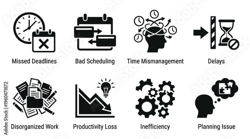 Time Management & Workplace Productivity Challenges Vector Icon Set – Insightful Vectors Featuring Missed Deadlines, Bad Scheduling, Delays, Disorganized Work, Inefficiency, and Planning Issues