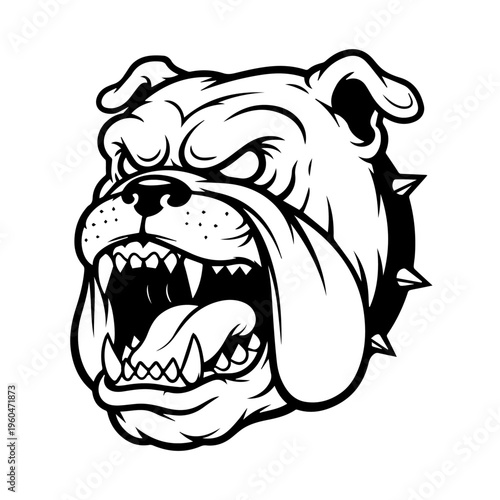 Aggressive snarling bulldog cartoon portrait with exposed teeth and fierce expression.