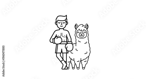 Whimsical illustration of a friendly boxer standing confidently with his happy llama companion