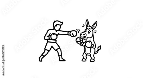 Cartoon boxer delivers a punch to an astonished donkey fighter in a whimsical match