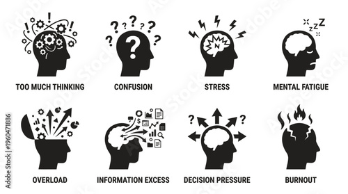 Mental Strain & Cognitive Condition Vector Icon Set – Expressive Vectors Featuring Overthinking, Confusion, Stress, Mental Fatigue, Burnout, Information Overload, and Decision Pressure