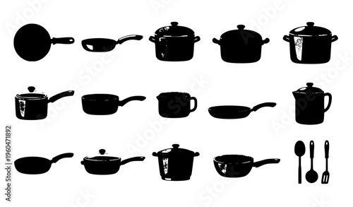 Cartoon kitchen pans pots and saucepans vector set with colorful cooking utensils for boiling and frying collection
