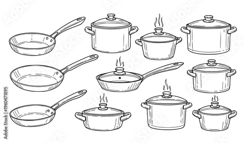 Hand drawn kitchen pans and pots outline collection with saucepans cooking tools sketch vector illustration