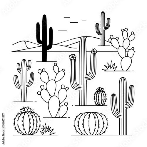 Minimalist Black and White Desert Cacti Landscape Lineart Illustration.