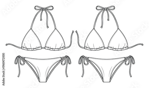 Outline flat sketch of two identical string bikini swimwear garments featuring triangle tops and tieside bottoms for fashion design projects and apparel creation references