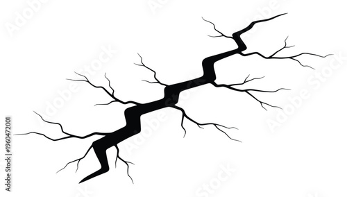 Dynamic abstract black crack or lightning bolt shape symbolizing destruction, power, or fracture, ideal for graphic overlays, textured backgrounds, or impactful visual effects in various