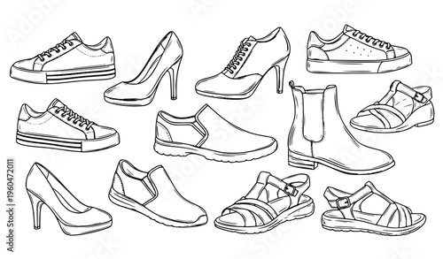 Hand drawn shoes outline icons with sneakers heels and boots artistic footwear sketch vector set