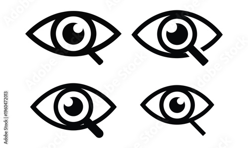 Eye with magnifying glass icons set representing search view and inspection symbols