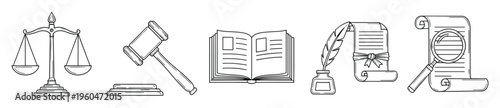 A collection of legal and justice icons featuring a scale, gavel, open law book, quill with ink, and a magnifying glass for use in legal firm services, court system representations, and