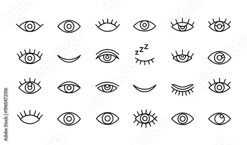 Outline eye icons set with open closed sleeping eyes and eyelash line vector symbols for vision and search design