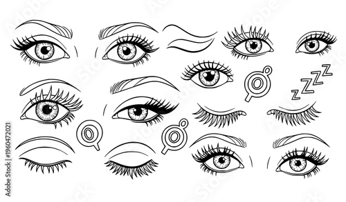 Hand drawn eye outline icons with open closed and sleeping eyelash shapes artistic sketch vector collection