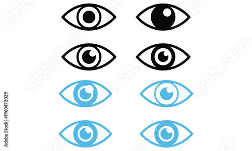 Eye icons collection with vision and visibility symbols in outline and blue accent style