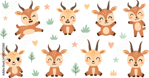 Cute deer cartoon collection with baby fawn characters forest animals playful poses flat vector illustration set isolated on white background